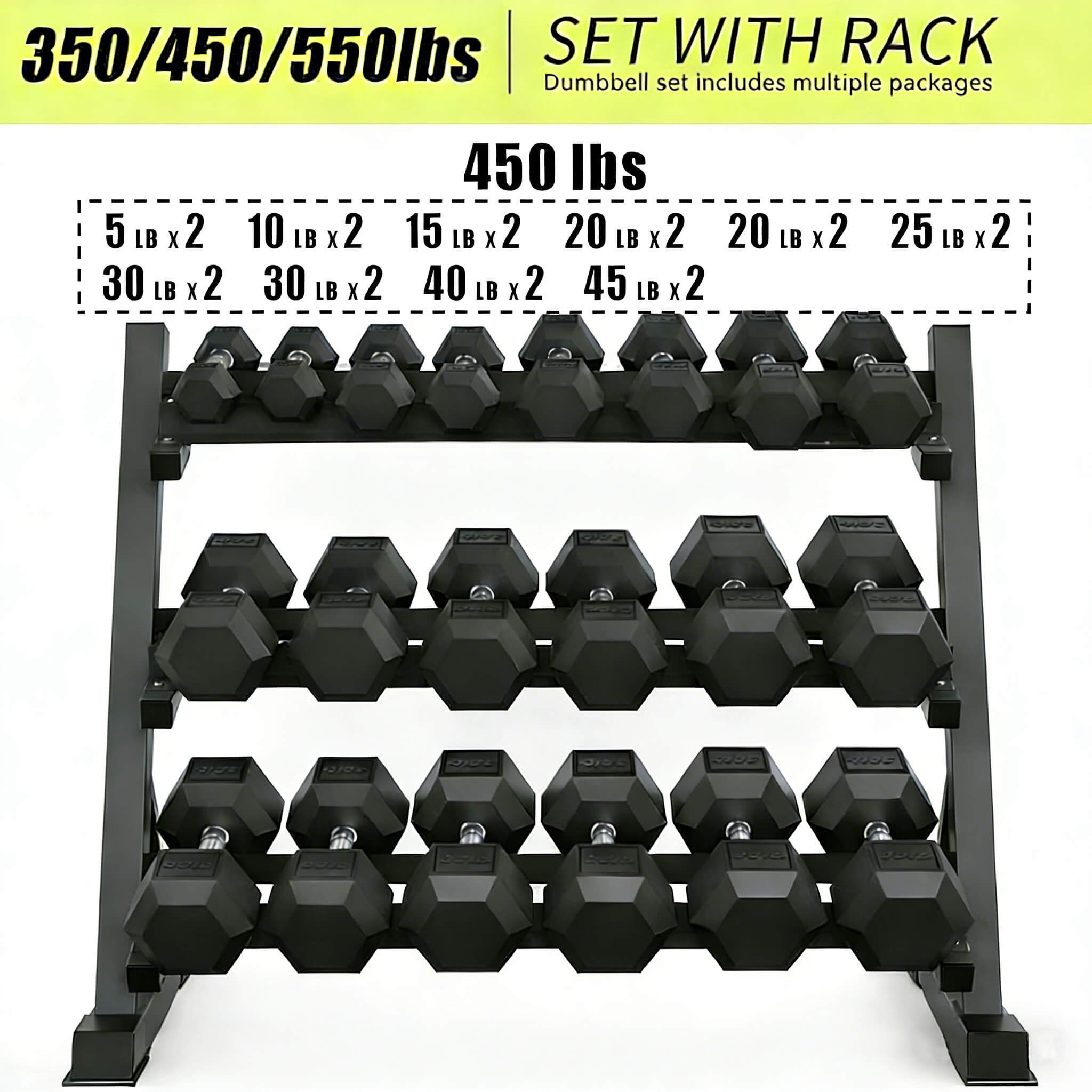 Rovix 450-Pounds Rubber Hex Dumbbell Set With Rack