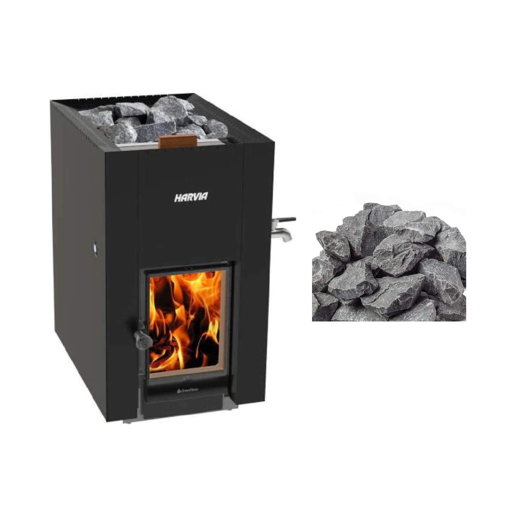 Harvia GreenFlame ES 22 Linear Black Wood Sauna Stove With Sauna Stones, 15.7KW