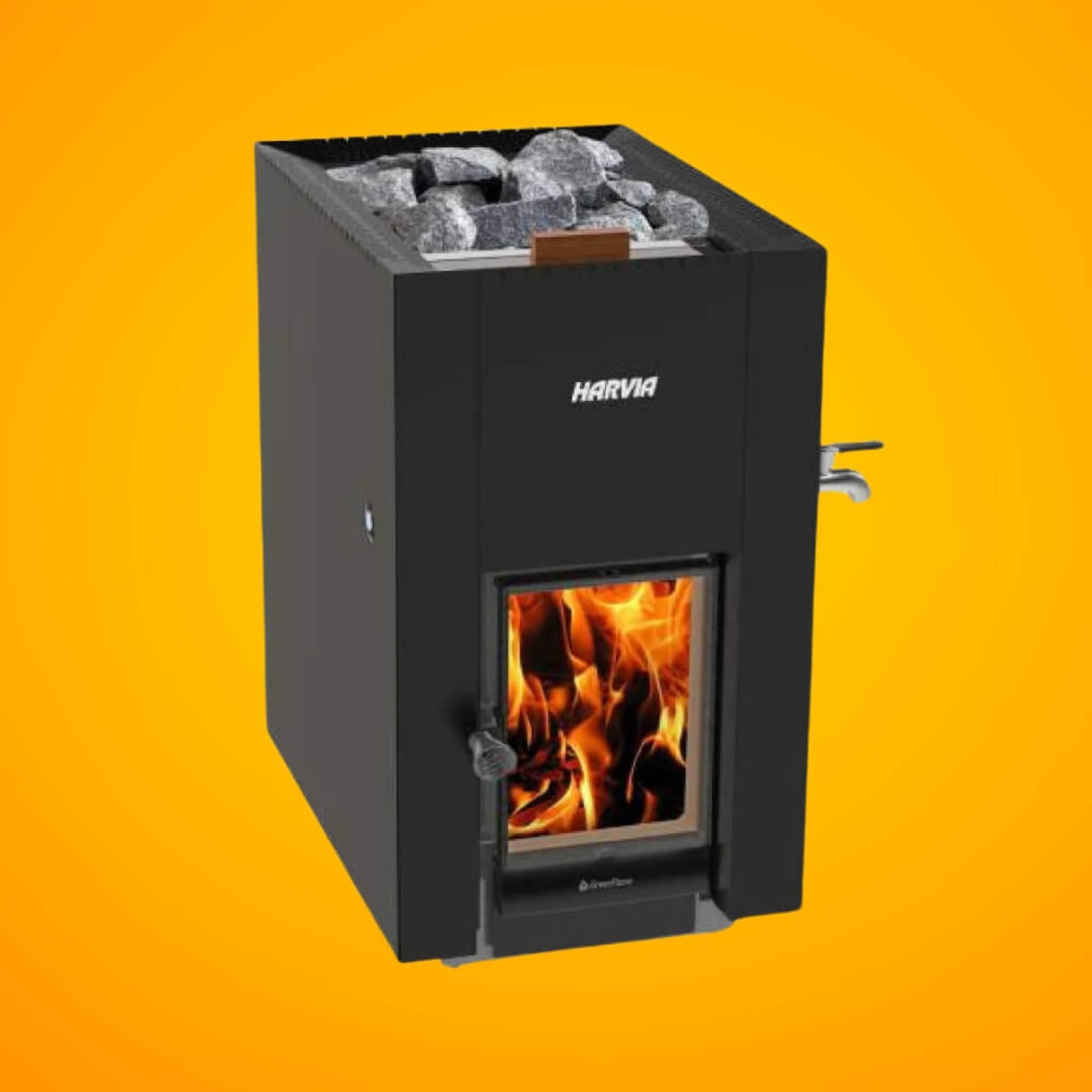 Harvia GreenFlame ES 22 Linear Black Wood Sauna Stove With Sauna Stones, 15.7KW