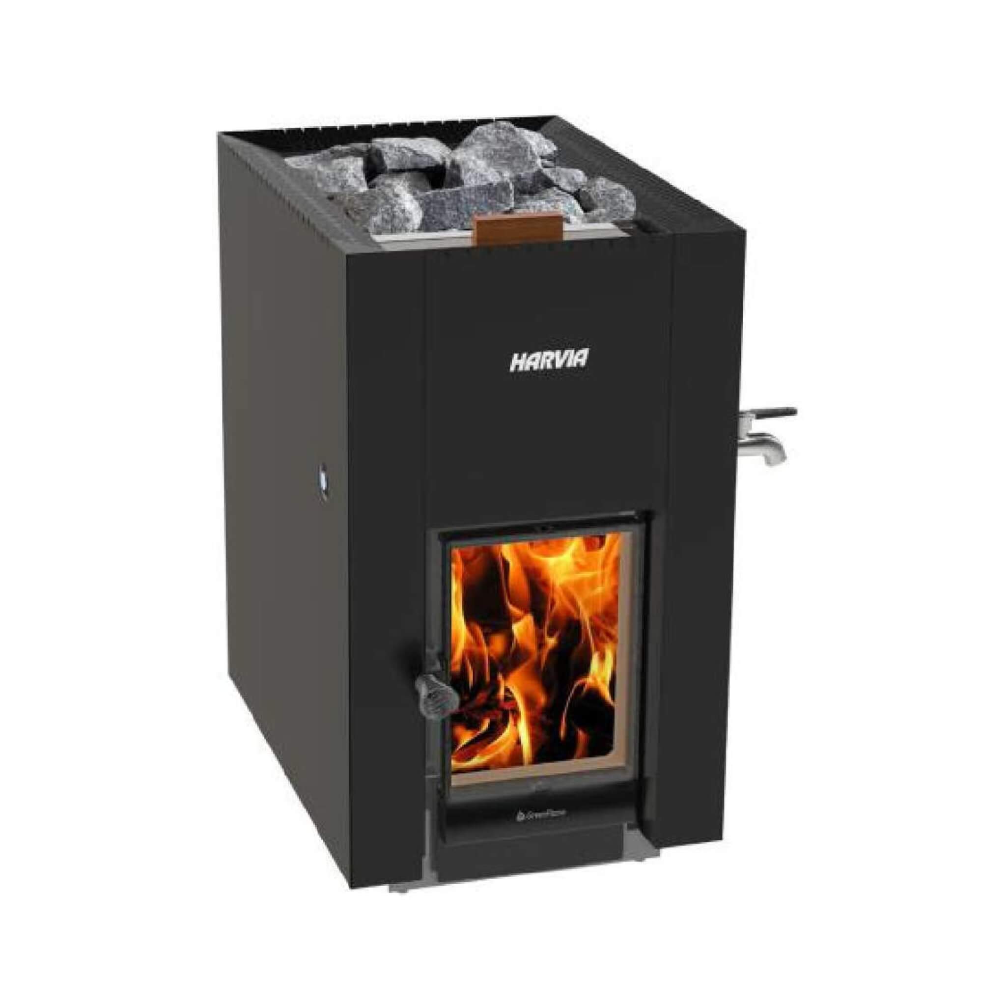 Harvia GreenFlame ES 22 Linear Black Wood Sauna Stove With Sauna Stones, 15.7KW